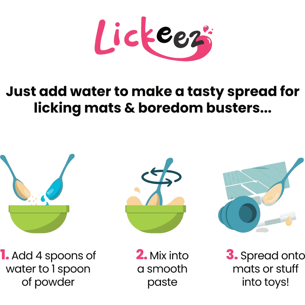 LickiMat - Lickeez illustrated instruction - 1. Add 4 spoons of water to 1 spoon of powder. 2. Mix into a smooth paste. 3. Spread on mats or into toys!