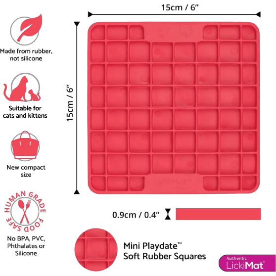 LickiMat Mini Playdate - Features - The dimensions are labeled as 15cm (6") in length and 15cm (6") in width, with a height of 0.9cm (0.4"). It features suitable for cats and kittens, made from rubber (not silicone), and is free from BPA, PVC, phthalates, and silicones