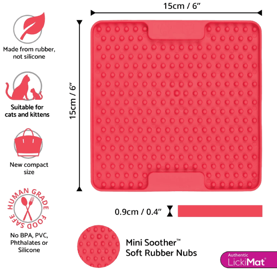 LickiMat Mini Soother - Features - The dimensions are labeled as 15cm (6") in length and 15cm (6") in width, with a height of 0.9cm (0.4"). It features suitable for cats and kittens, made from rubber (not silicone), and is free from BPA, PVC, phthalates, and silicones